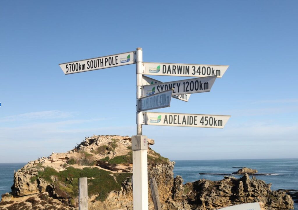 Schilder mit Entfernungsanzeigen für den South Pole, Darwin, Sydney, Adelaide in Australien